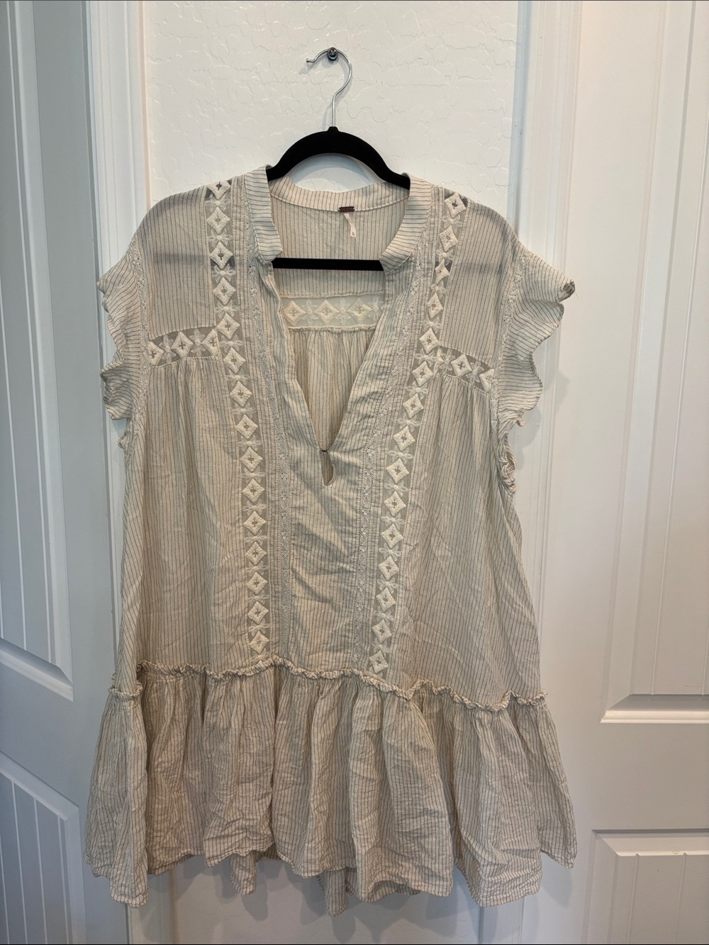 Free People Cream Striped Embroidered Ruffle Mini Dress